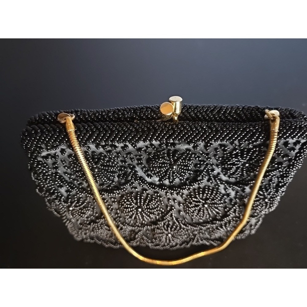 Vintage Handmade Sequins Beaded Black Evening Ckutch Purse Gold Trim Kiss Lock‎
